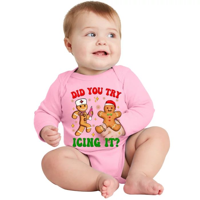 Retro Icu Nurse Christmas Gingerbread Did You Try Icing It Baby Long Sleeve Bodysuit