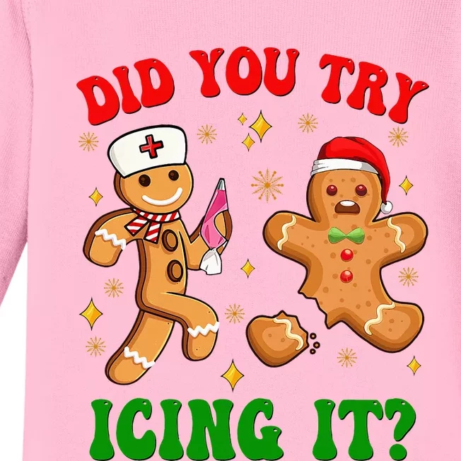 Retro Icu Nurse Christmas Gingerbread Did You Try Icing It Baby Long Sleeve Bodysuit