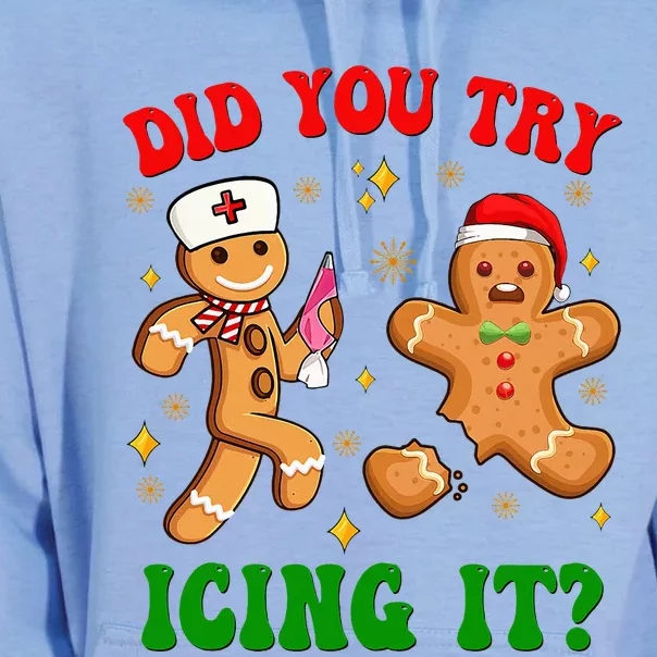 Retro Icu Nurse Christmas Gingerbread Did You Try Icing It Unisex Surf Hoodie