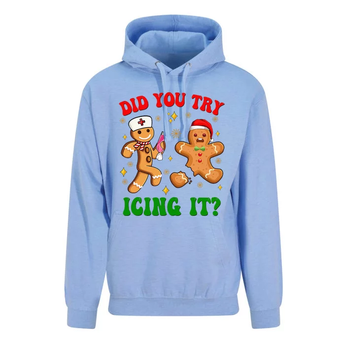 Retro Icu Nurse Christmas Gingerbread Did You Try Icing It Unisex Surf Hoodie