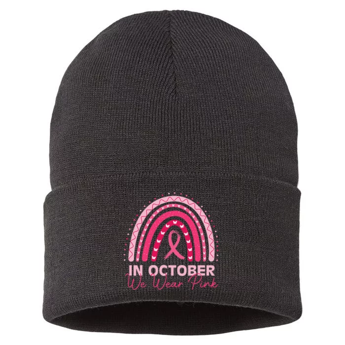 Rainbow In October We Wear P.Ink Breast Cancer Awareness 2024 Gift Sustainable Knit Beanie