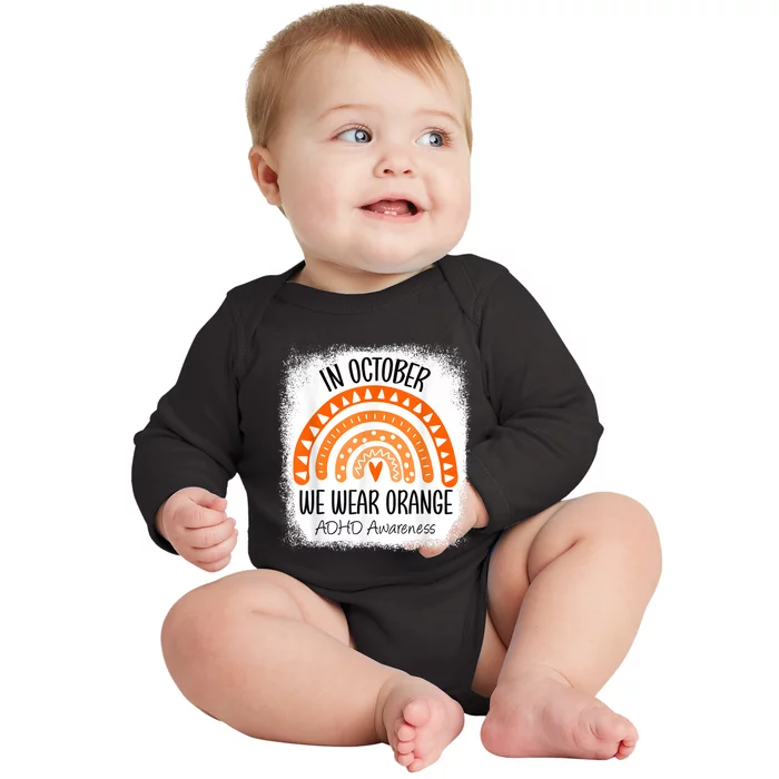 Rainbow In October We Wear Orange ADHD Awareness Ribbon Baby Long Sleeve Bodysuit