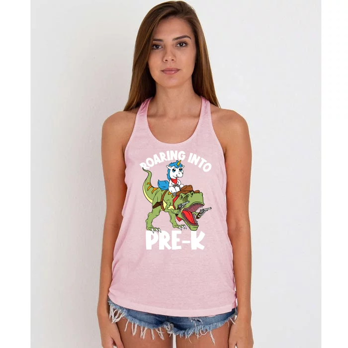 Roaring Into Prekindergarten Unicorn Riding Dinosaur Gift Women's Knotted Racerback Tank