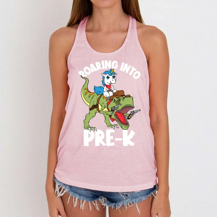 Roaring Into Prekindergarten Unicorn Riding Dinosaur Gift Women's Knotted Racerback Tank