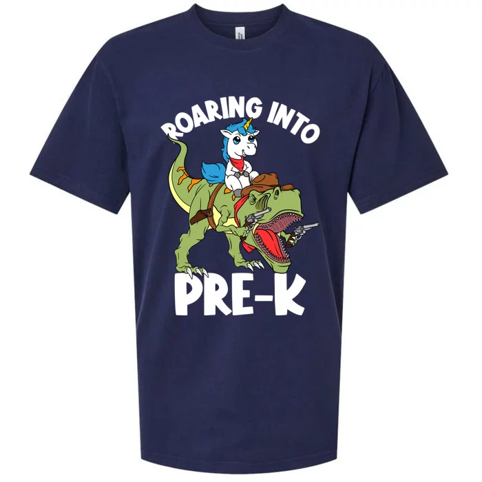 Roaring Into Prekindergarten Unicorn Riding Dinosaur Gift Sueded Cloud Jersey T-Shirt