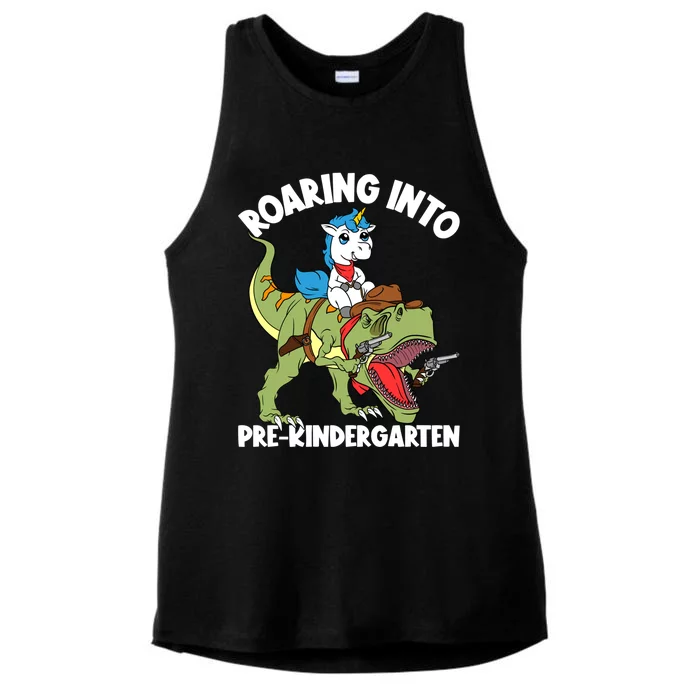 Roaring Into Prekindergarten Unicorn Riding Dinosaur Gift Ladies Tri-Blend Wicking Tank