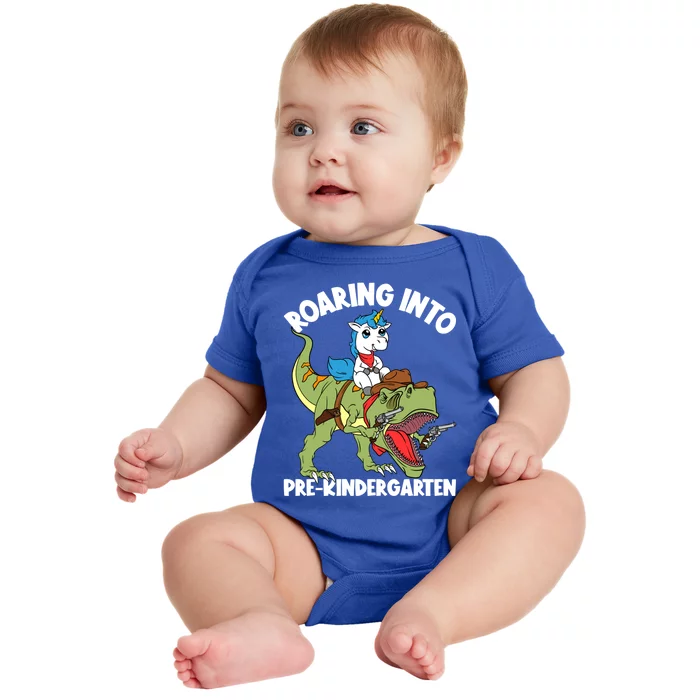 Roaring Into Prekindergarten Unicorn Riding Dinosaur Gift Baby Bodysuit