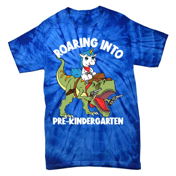 Roaring Into Prekindergarten Unicorn Riding Dinosaur Gift Tie-Dye T-Shirt