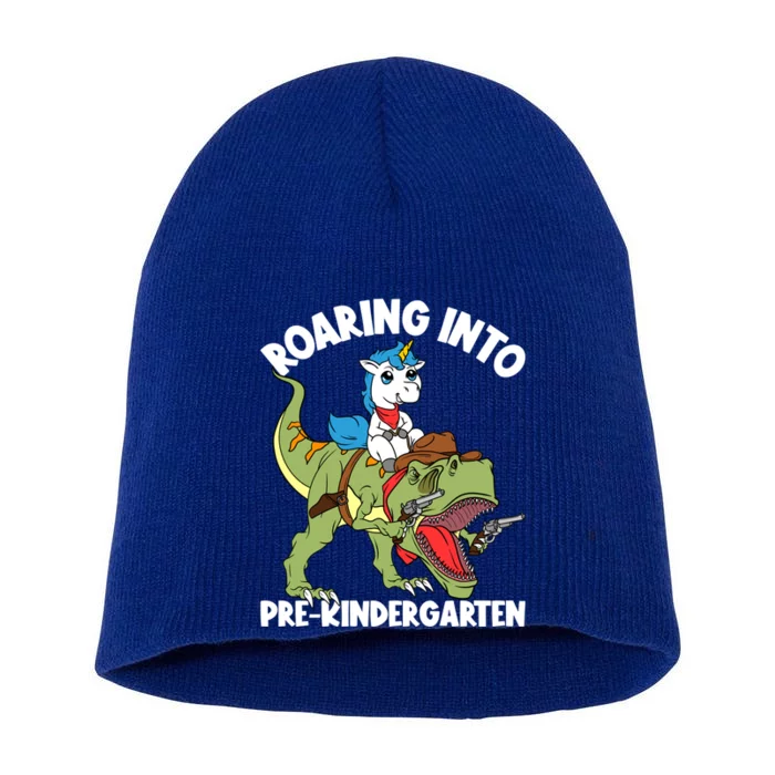 Roaring Into Prekindergarten Unicorn Riding Dinosaur Gift Short Acrylic Beanie