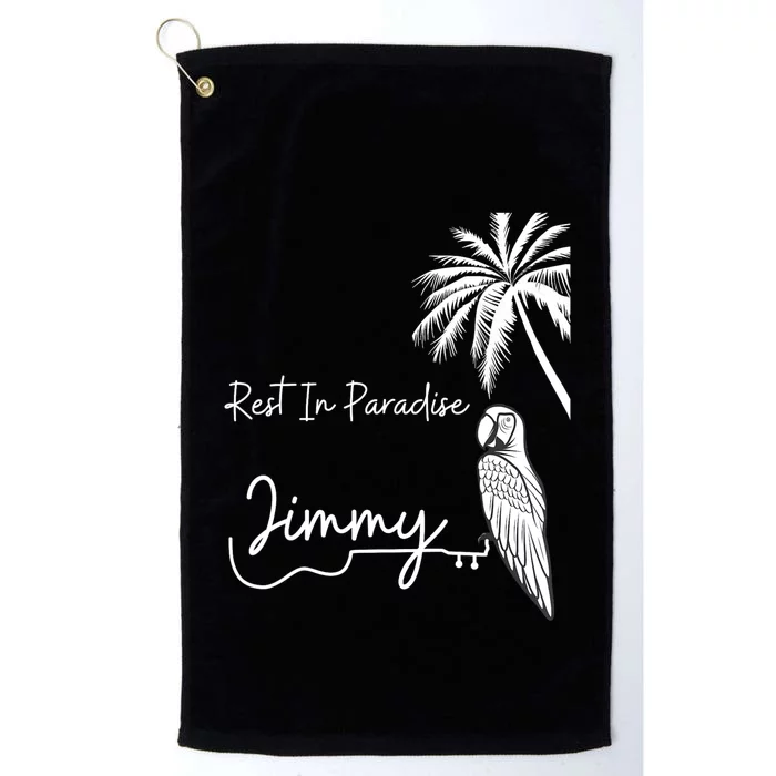 Rest In Paradise Jimmy. Parrot Heads Guitar Music Lovers Platinum Collection Golf Towel