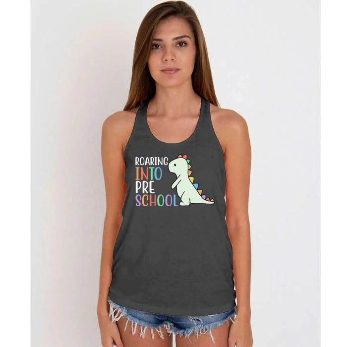 Roaring Into Pre School Cute Dinosaur Women's Knotted Racerback Tank