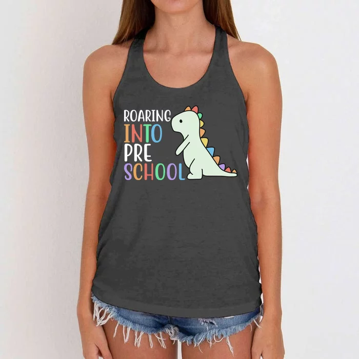 Roaring Into Pre School Cute Dinosaur Women's Knotted Racerback Tank