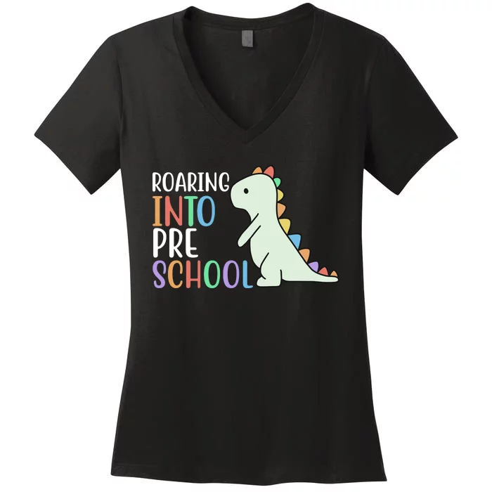 Roaring Into Pre School Cute Dinosaur Women's V-Neck T-Shirt