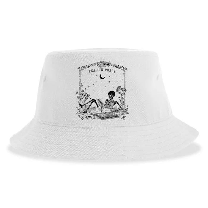 Read In Peace Skeleton Reading Book Halloween Bookish Sustainable Bucket Hat