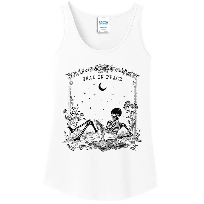 Read In Peace Skeleton Reading Book Halloween Bookish Ladies Essential Tank