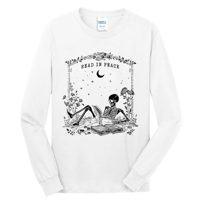 Read In Peace Skeleton Reading Book Halloween Bookish Tall Long Sleeve T-Shirt