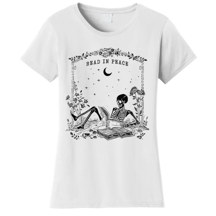 Read In Peace Skeleton Reading Book Halloween Bookish Women's T-Shirt