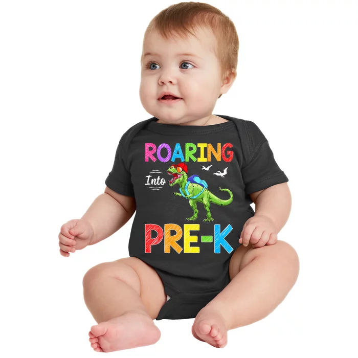 Roaring Into Pre K Dinosaur Students Back To School Baby Bodysuit