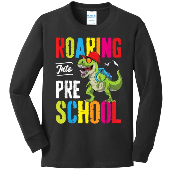 Roaring Into Preschool Dinosaur Teacher Pre K Back To School Kids Long Sleeve Shirt