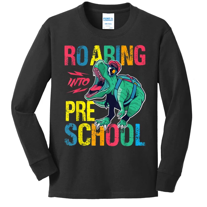 Roaring Into Preschool Dinosaur First School Day School Dino Kids Long Sleeve Shirt