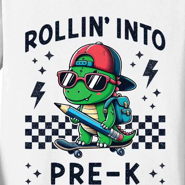 Rollin Into Pre K Dinosaur First Day Pre K Im Ready For Prek Kids Long Sleeve Shirt