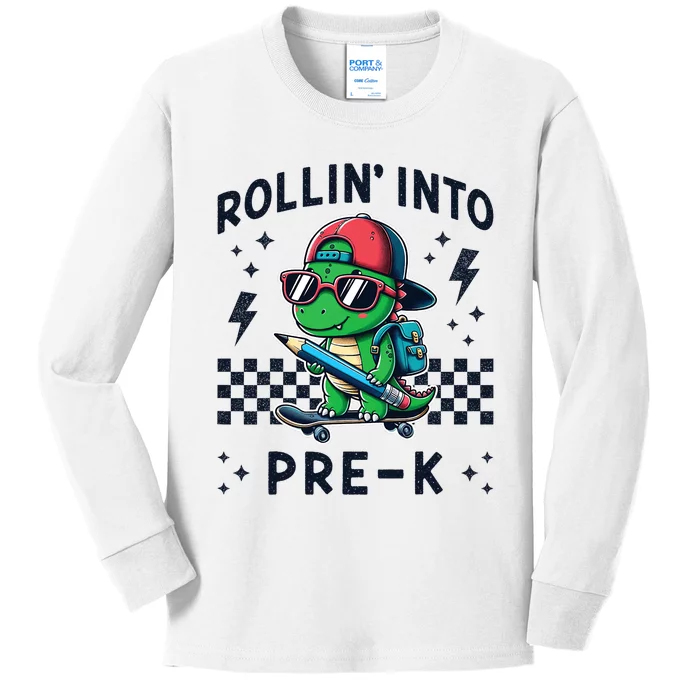 Rollin Into Pre K Dinosaur First Day Pre K Im Ready For Prek Kids Long Sleeve Shirt