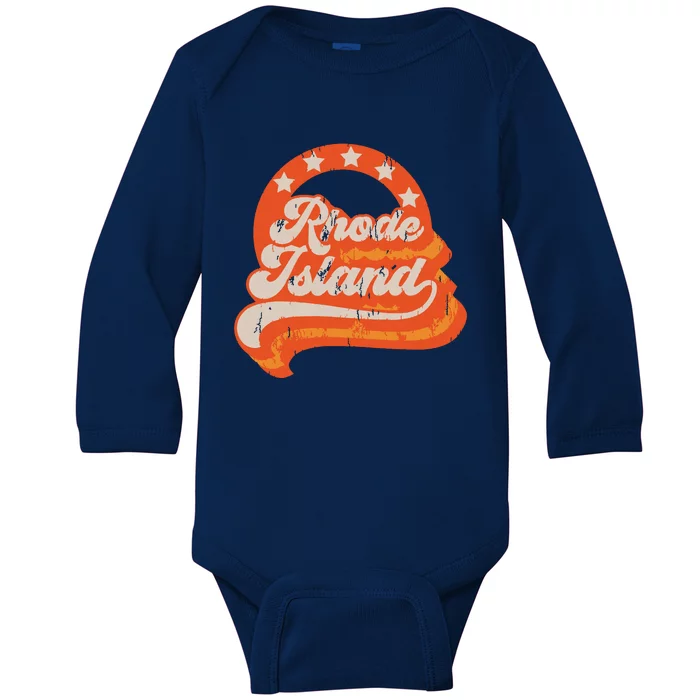 Rhode Island Retro Distressed 70s Style Stars Home State Baby Long Sleeve Bodysuit