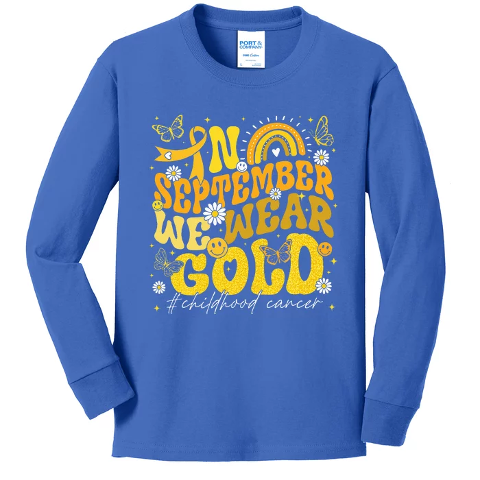 Rainbow In September We Wear Gold Childhood Cancer Awareness Kids Long Sleeve Shirt