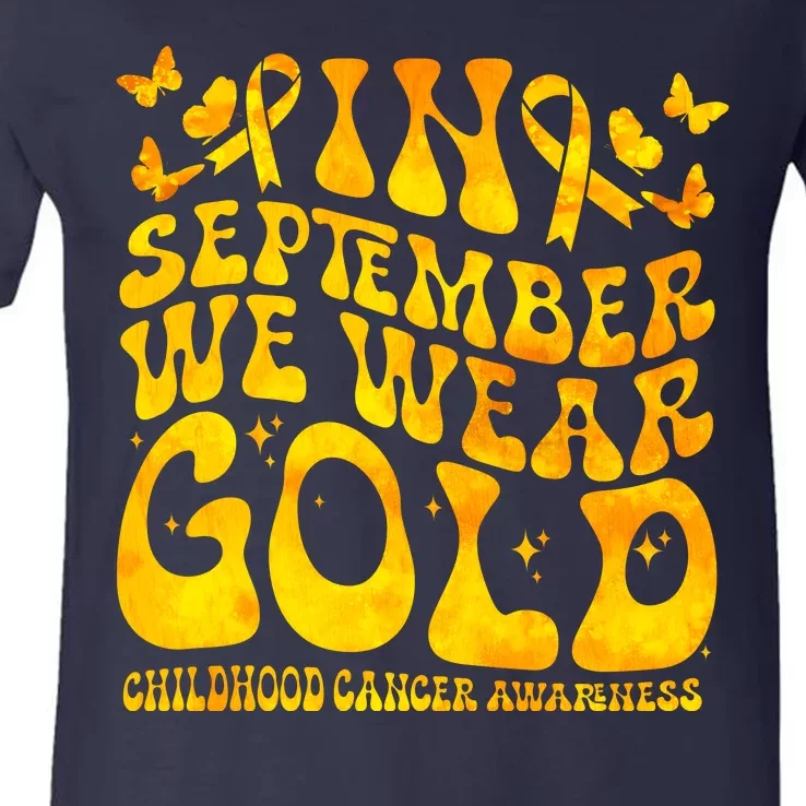 Retro In September We Wear Gold Childhood Cancer Awareness V-Neck T-Shirt