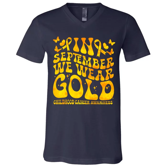 Retro In September We Wear Gold Childhood Cancer Awareness V-Neck T-Shirt