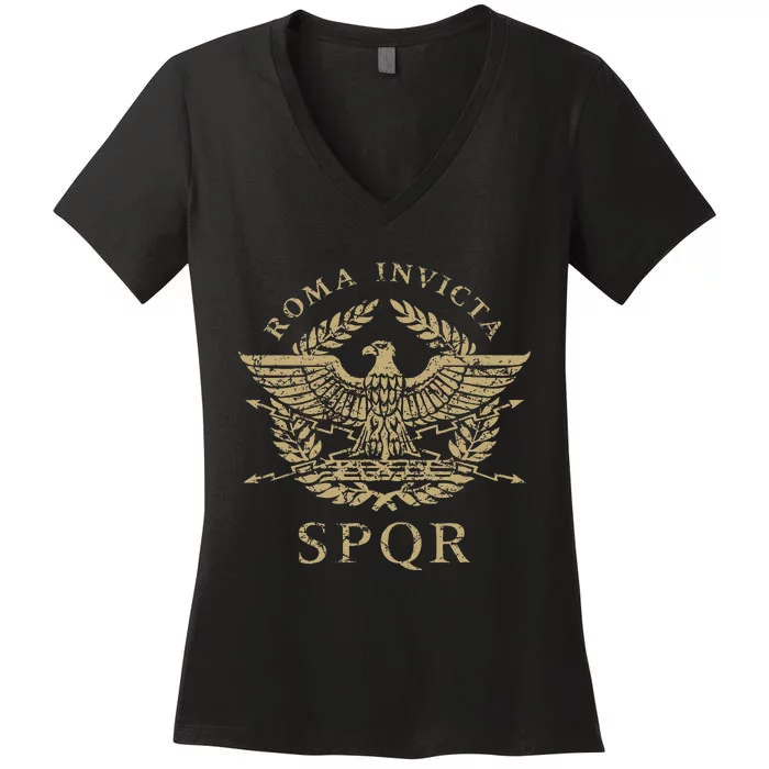 Roma Invicta Spqr Roman Eagle Distressed Women's V-Neck T-Shirt