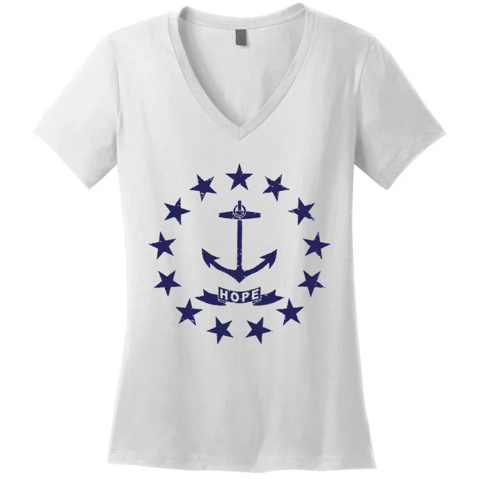 Rhode Island State Flag Distressed Blue Providence Rhode Women's V-Neck T-Shirt