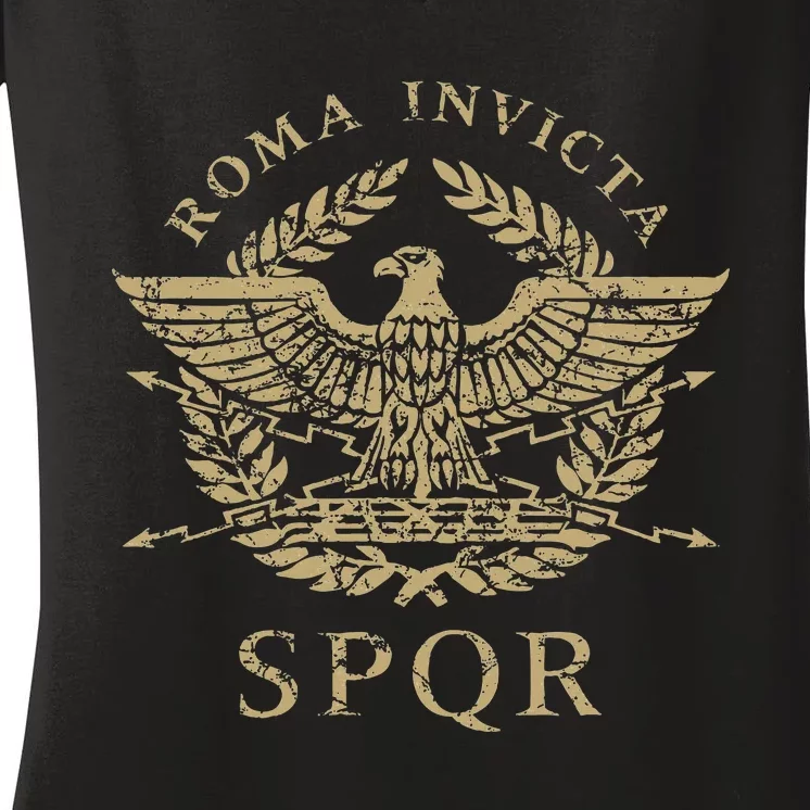 Roma Invicta Spqr Roman Eagle Distressed Women's V-Neck T-Shirt