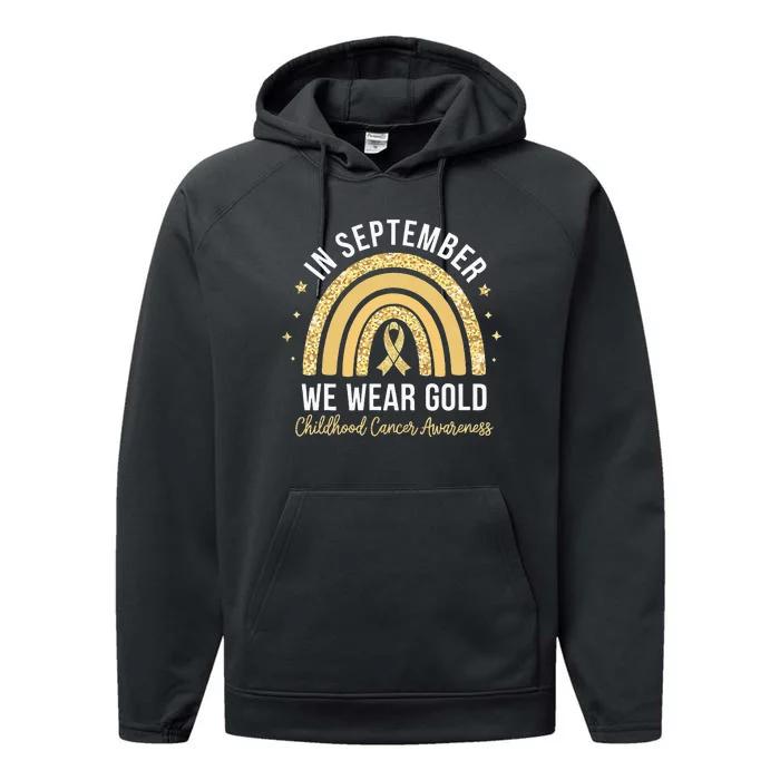 Rainbow In September We Wear Gold Childhood Cancer Awareness Performance Fleece Hoodie