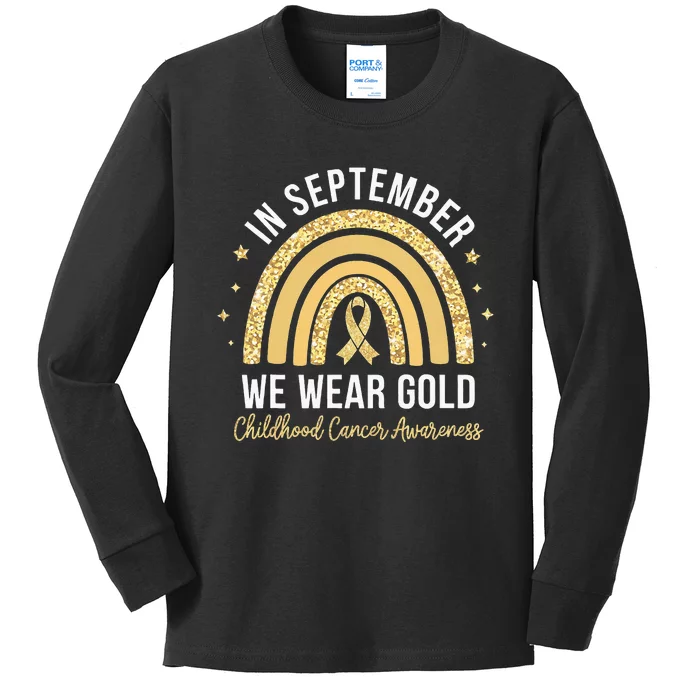 Rainbow In September We Wear Gold Childhood Cancer Awareness Kids Long Sleeve Shirt