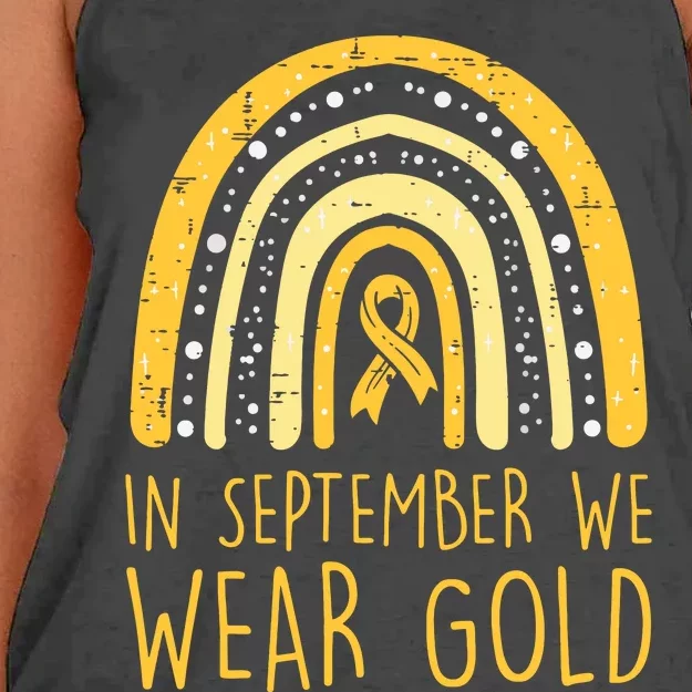 Rainbow In September We Wear Gold Childhood Cancer Awareness Women's Knotted Racerback Tank