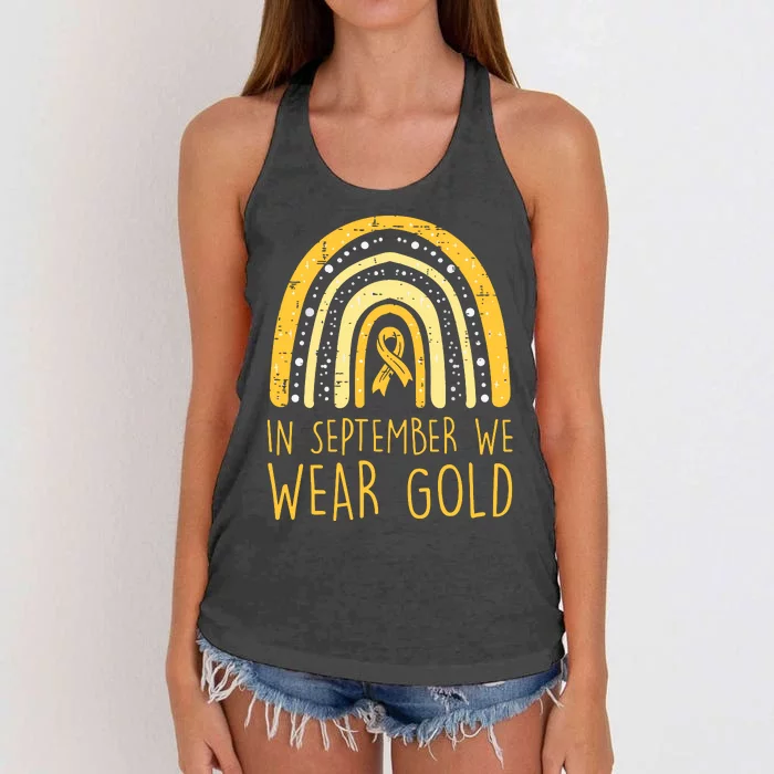 Rainbow In September We Wear Gold Childhood Cancer Awareness Women's Knotted Racerback Tank