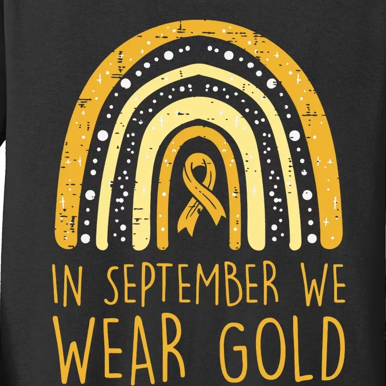 Rainbow In September We Wear Gold Childhood Cancer Awareness Kids Long Sleeve Shirt