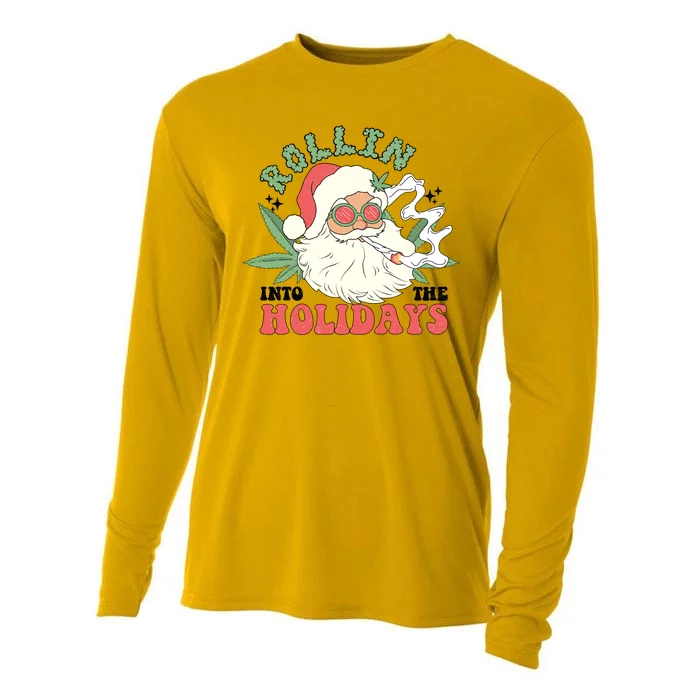 Rollin Into The Holidays Funny Marijuana Santa Cooling Performance Long Sleeve Crew