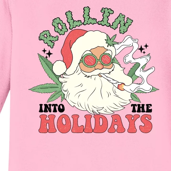 Rollin Into The Holidays Funny Marijuana Santa Baby Long Sleeve Bodysuit