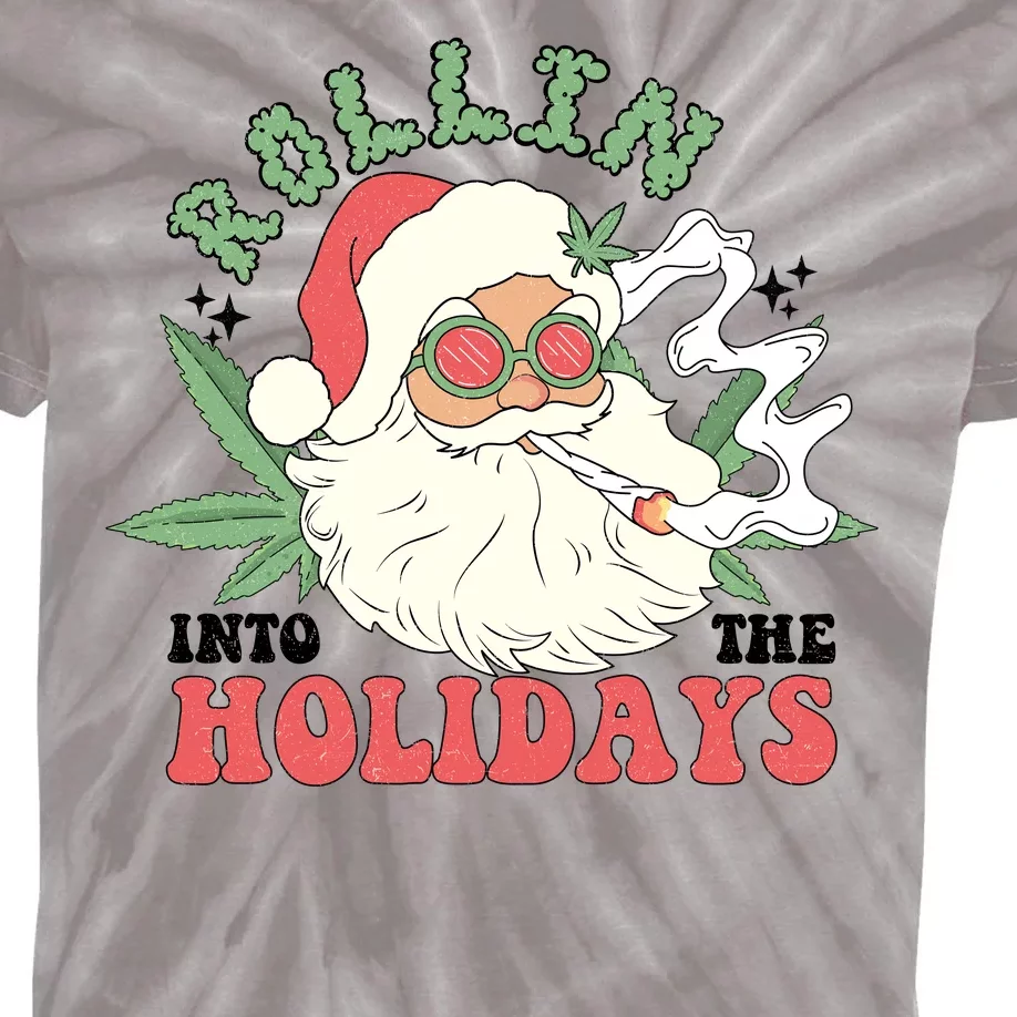 Rollin Into The Holidays Funny Marijuana Santa Kids Tie-Dye T-Shirt