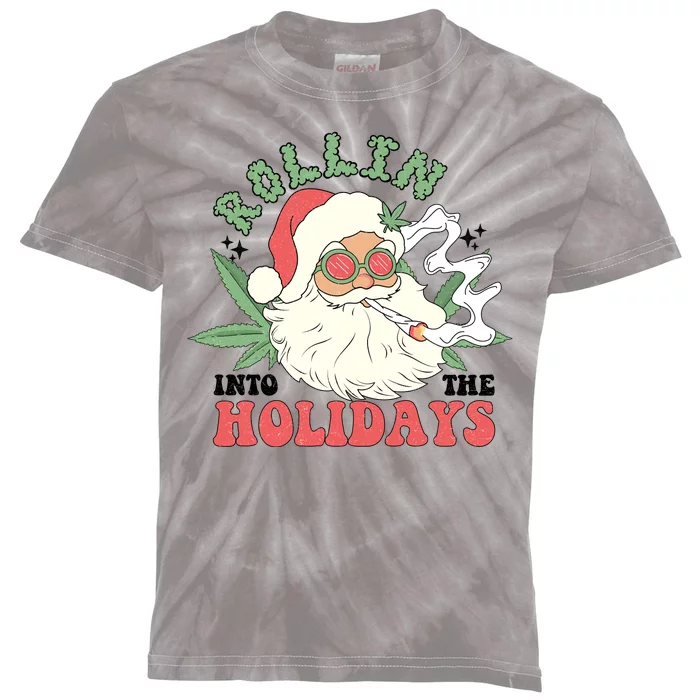 Rollin Into The Holidays Funny Marijuana Santa Kids Tie-Dye T-Shirt