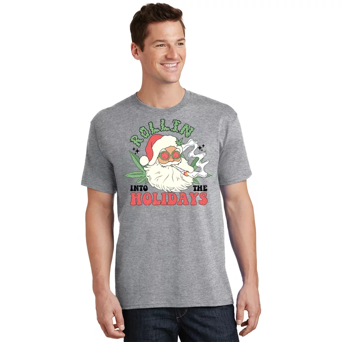 Rollin Into The Holidays Funny Marijuana Santa T-Shirt