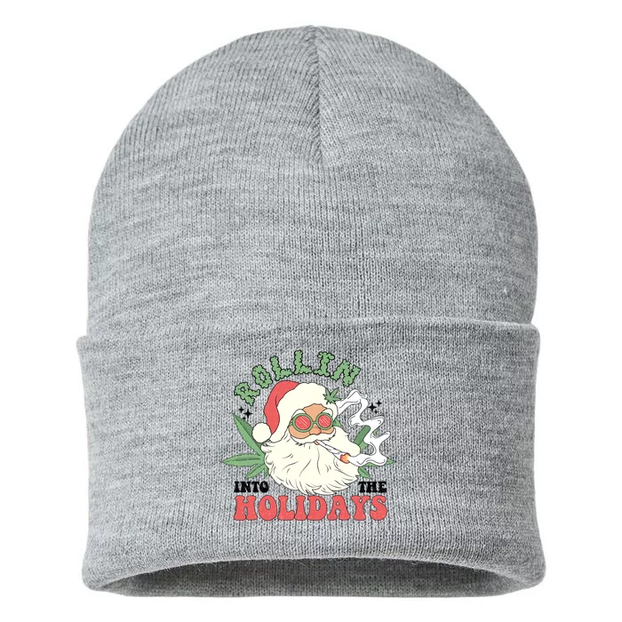 Rollin Into The Holidays Funny Marijuana Santa Sustainable Knit Beanie