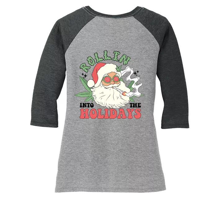 Rollin Into The Holidays Funny Marijuana Santa Women's Tri-Blend 3/4-Sleeve Raglan Shirt