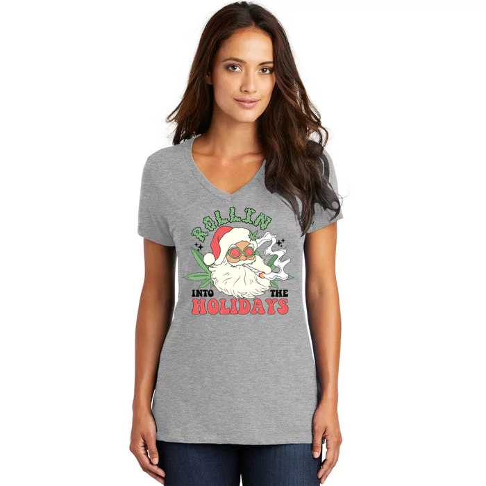 Rollin Into The Holidays Funny Marijuana Santa Women's V-Neck T-Shirt