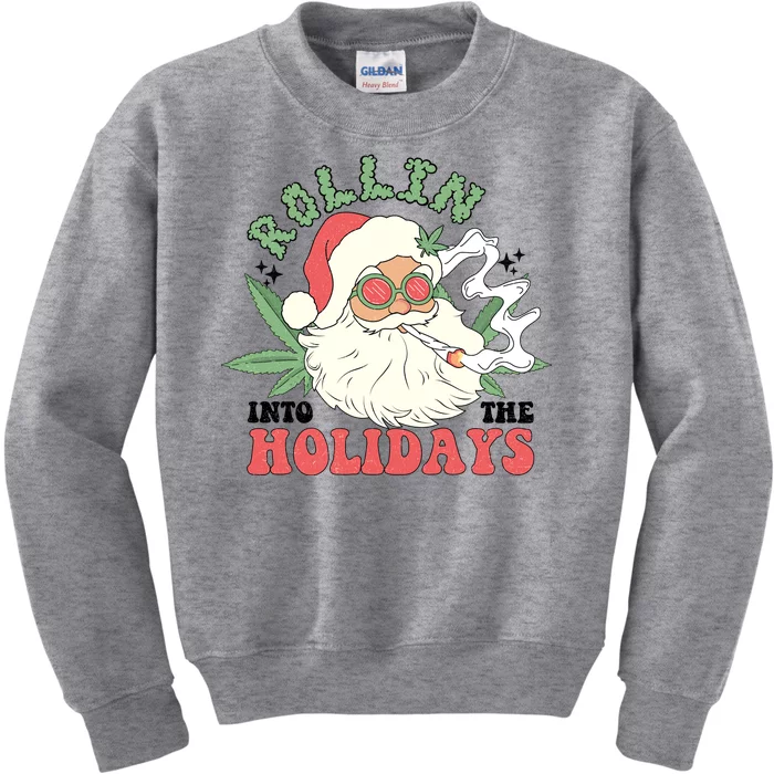 Rollin Into The Holidays Funny Marijuana Santa Kids Sweatshirt