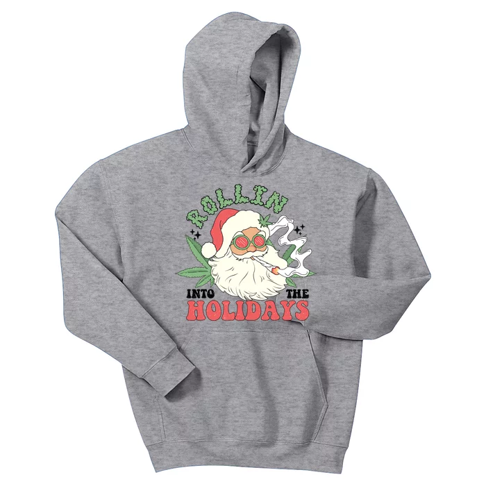 Rollin Into The Holidays Funny Marijuana Santa Kids Hoodie