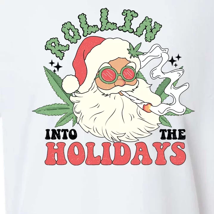 Rollin Into The Holidays Funny Marijuana Santa Sueded Cloud Jersey T-Shirt