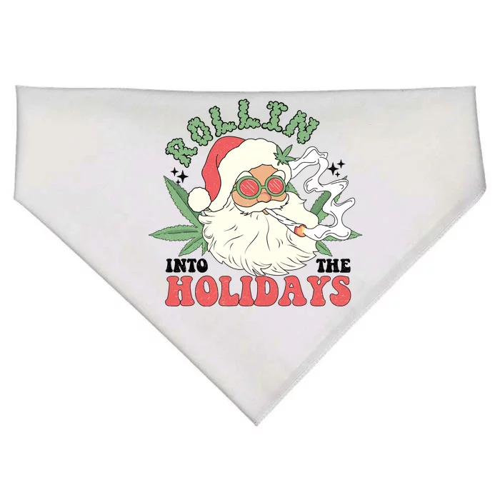 Rollin Into The Holidays Funny Marijuana Santa USA-Made Doggie Bandana